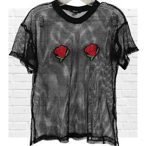 Forever 21 Y2K Black Mesh Tee Shirt Sheer Goth Grunge Indie Sleaze Streetwear